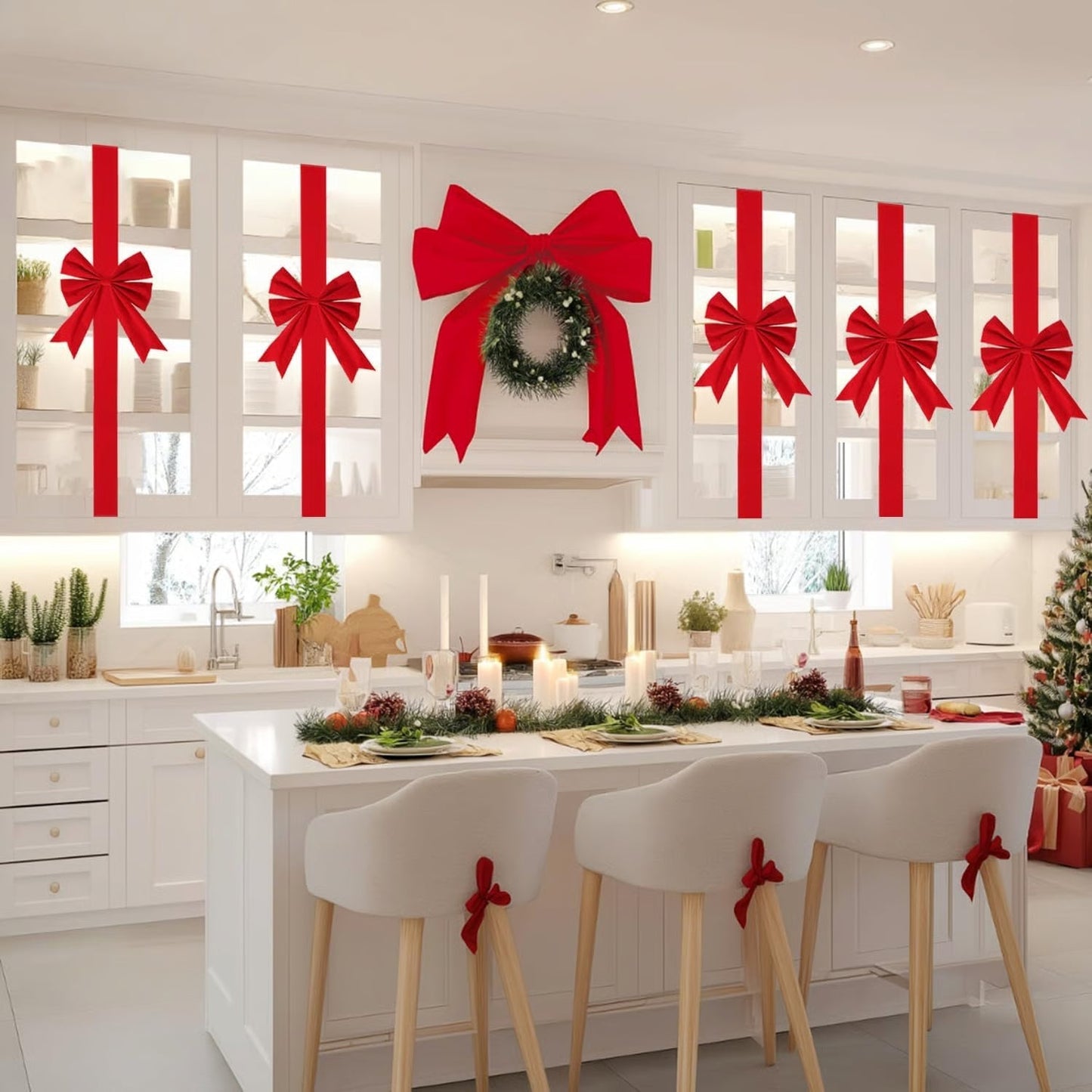 🎄Christmas Cabinet Bows – Festive Ribbon Decorations for Kitchen & Home Decor